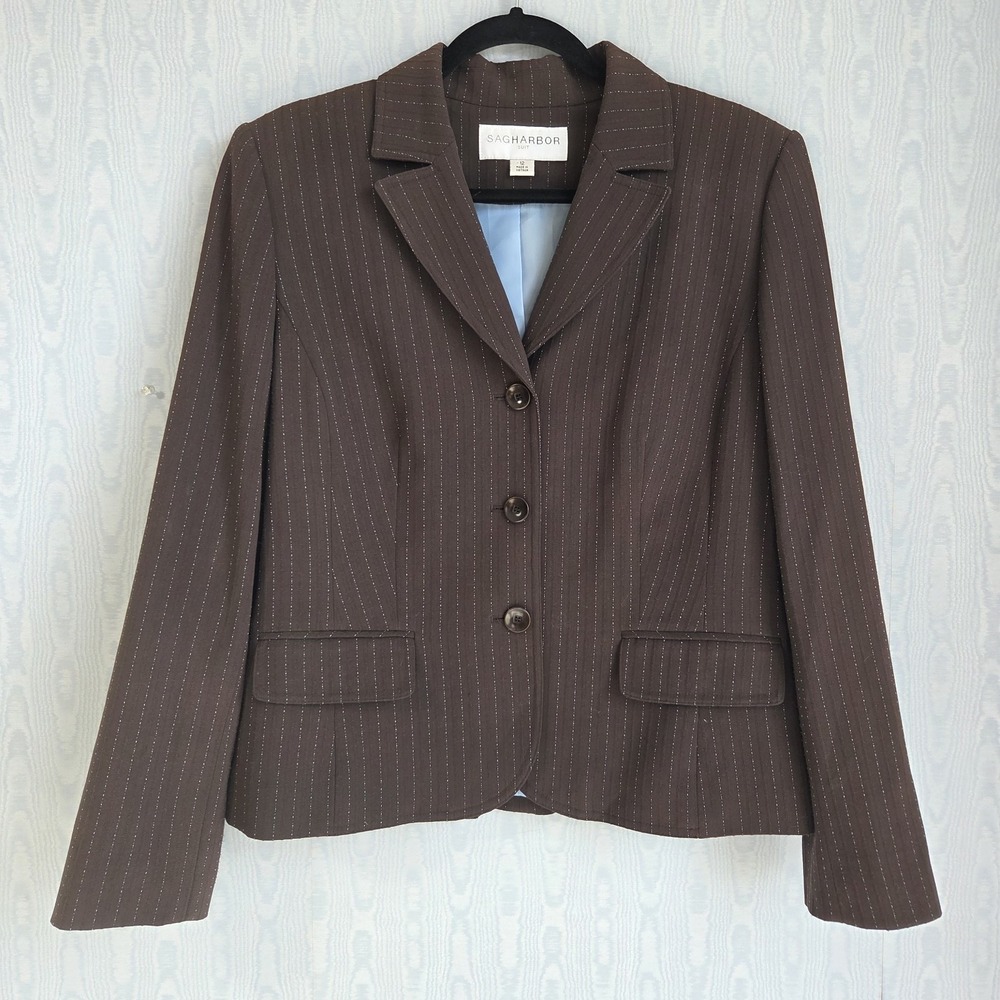 Vtg Y2K Sag Harbor Blazer 12 Chocolate Brown Light Blue Pinstripe Career‎ Preppy